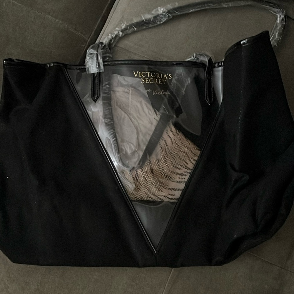 Brand new black Victoria's Secret tote bag with leopard clutch